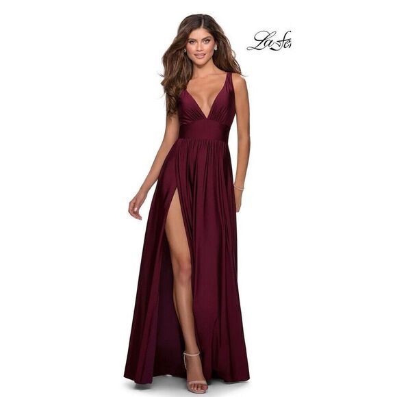 La Femme Dresses & Skirts - La Femme Dark Berry Plunge Neck A-Line Gown Size 6. NWOT. $328. 14